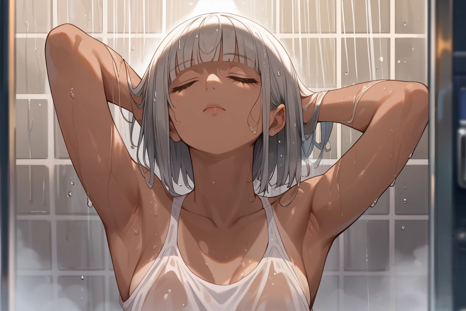 score_9, score_8_up, score_7_up, score_6_up, arms up, closed eyes, armpits, shower, wet skin, wet hair, water droplets, fog, mist, steam, head back, hime cut, medium hair, green eyes(detailed), shower room, brown skin, tan lines, silver hair