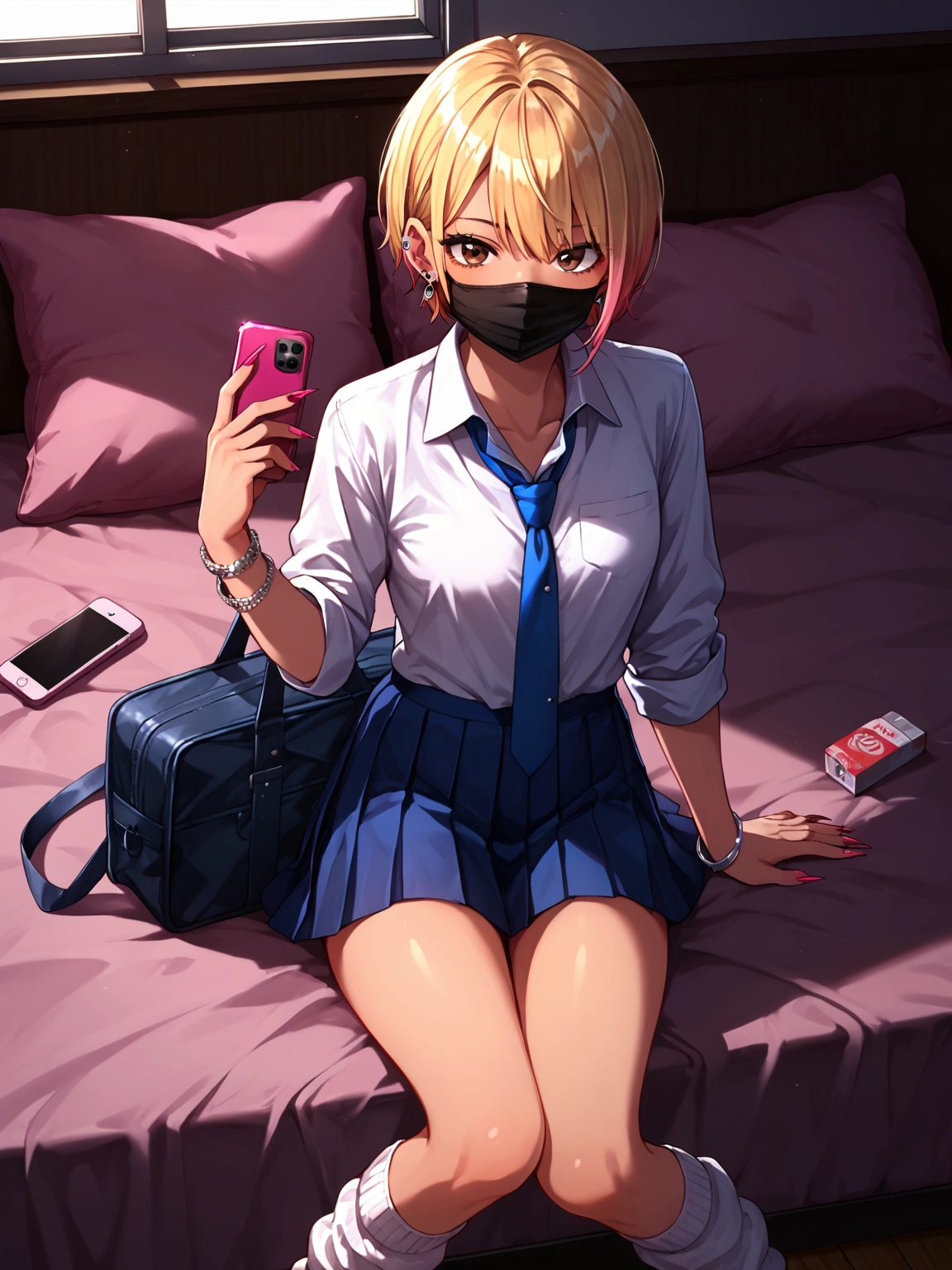 score_9, score_8_up, score_7_up, sorce_anime, 1girl, solo, gyaru, blonde hair, very short hair, brown eyes, mouth mask, black mask, nail polosh, sharp fingernails, single pierced earring, silver bracelet, white shirt, collared shirt, sleeves rolled up, blue necktie, loose necktie, pleated skirt, micro skirt, white socks, loose socks, from above, love hotel, sitting on bed, pink bed sheet, pink pillow, condom box, smartphone, school bag