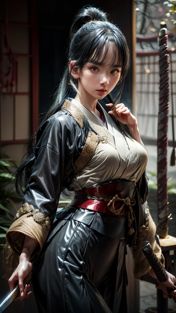 ((ideal anatomy:1.2,Realistic:1.4,RAW-фотография:1.4,masterpiece、highest quality、Ultra - high resolution、high resolution、Highly detailed computer graphics、8 k))),cowboy shot,1 woman,One、1 beauty,Japanese,((Beautifully detailed face and eyes.:1.3,gorgeous eyes:1.3,gray eyes)),black hair,long hair,straight hair,ponytail,blunt bangs,blush,(medium breasts,slim body,small head:1.2,skinny),(Shiny skin:1.4,oily skin:1.5,Shiny skin)、((holding a Japanese sword in one hand、A detailed depiction of a Japanese sword)),(Slashing Pose:1.5)、Kendo uniform、kimono、black hakama、shrine、Domesticated、outdoors、