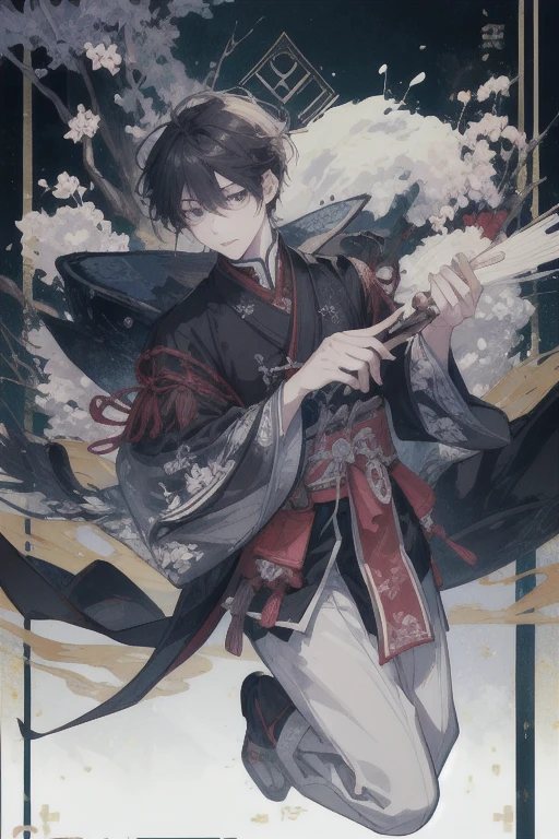 some anime characters are close to each other, handsome guy in demon slayer art, delicate androgynous prince, fire behind him, handsome prince, heise jinyao, the former demon king, cute anime pose, inspired by Okumura Masanobu, with index finger, hijikata toushirou, cute japanese demon boy
