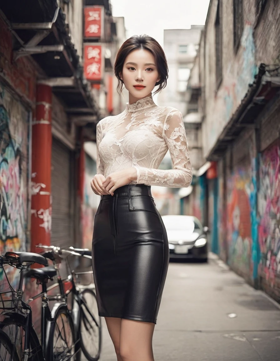 comic storyboard，A stunning Chinese woman wears a lace bodysuit、Super mini skirt and tight leather pants，Exude elegance and confidence。Her perfect complexion and bright smile captivated the audience，Embodies elegance and style。The background of this photo is a chic city alley，Graffiti-decorated walls add an edgy touch。Composed using a high angle shot，Shows women’s fashionable temperament and calm demeanor。Soft natural light highlights her features with a subtle glow。Modern sophistication and glamor are epitomized in this striking photo by Chen Man
