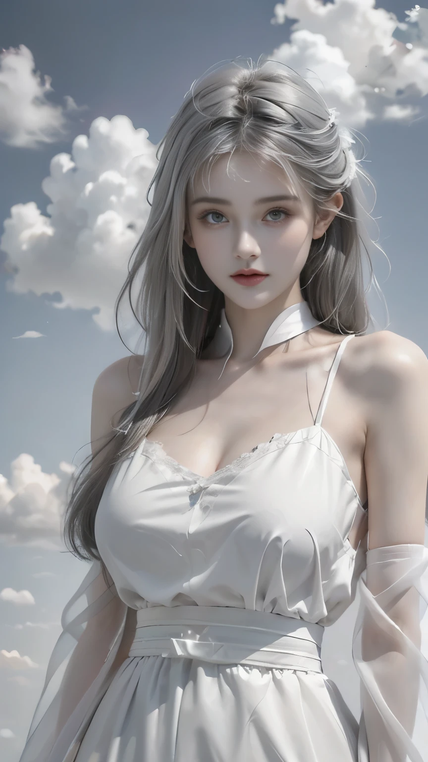 Floating in the white clouds，Very beautiful girl，((Gray hair))，(((Magic effect painting，Merge with the white clouds)))，Bright eyes，Fair and translucent skin，（masterpiece），Healthy body（Large Breasts：1.2），（Ultra-delicate），20 years old，Pink fairy costume