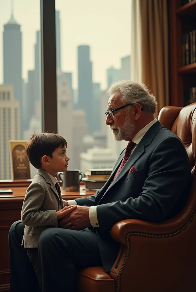 a old man is sitting on chair , he is in black suit , and a boy of  in dirty cloth is polishing his shoes