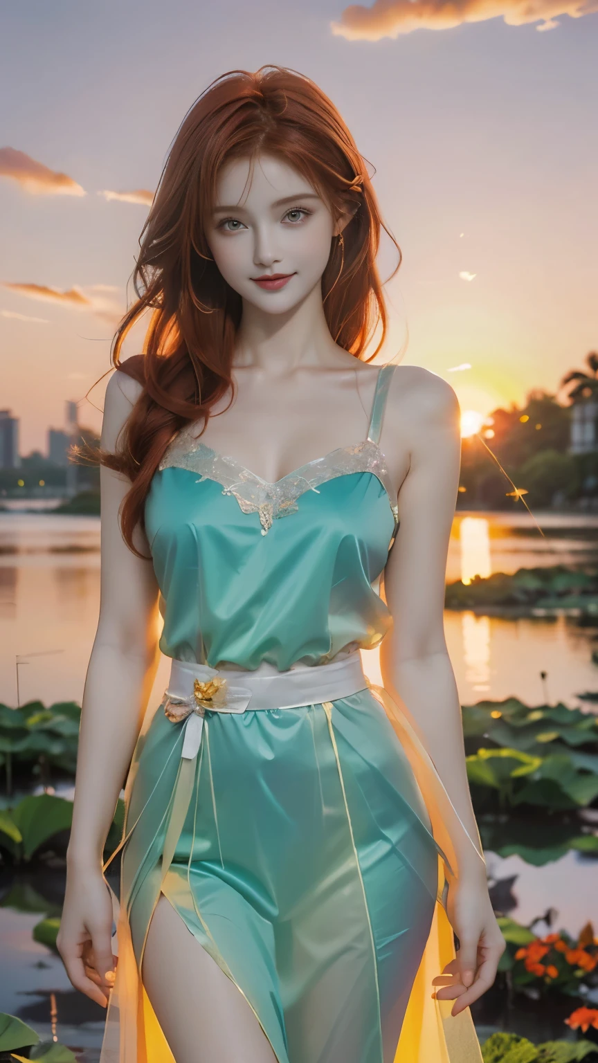 Very beautiful girl，20 years old，(Smile),((Redhead hair))，(((Magic effect painting)))，Bright eyes，Fair and translucent skin，（masterpiece），Healthy body（Large Breasts：1.2），（Ultra-delicate），Fairy Costume(Transparent with gradient)，((Colorful sunset background))