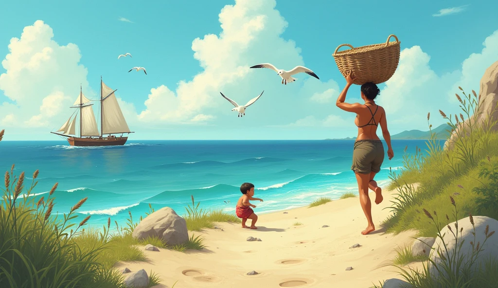 When the mother goes to dig a hole in the shade of the island, the baby is left alone to watch the house, and then he puts his arm around the sea and falls asleep to the lullaby that the sea sings.,
2. The baby is sleeping soundly, but the sound of seagulls makes her heart flutter. The mother runs along the sandy road carrying an unfilled oyster basket on her head.
