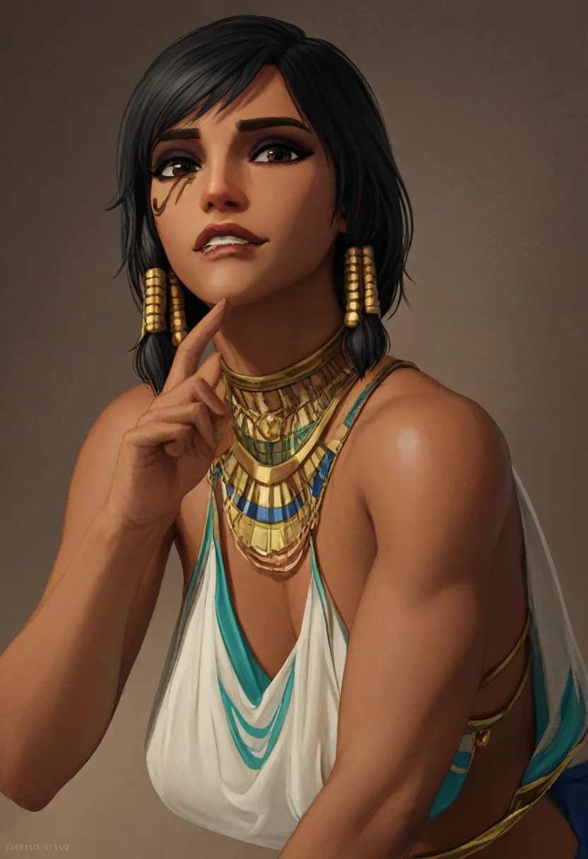 score_9, score_8_up, score_7_up, 1girl, leaning forward portrait, Pharah leans forward, detailed face, brown eyes, (Eye of Horus), (Expression biting on lower lip), biting lip, Egyptian clothes
