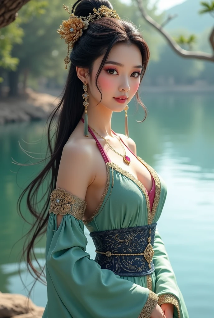 tmasterpiece, Best quality at best, offcial art, 8k wallpaper, The very detailed, illustratio,Woman in ancient costume drinking wine at forest fountain, Chinese, ink, sky-bluehair, long whitr hair, 詳細な目, lying in the garden, of shoulders, Hanfu, lake, pure, gently smiling, bamboos, teas