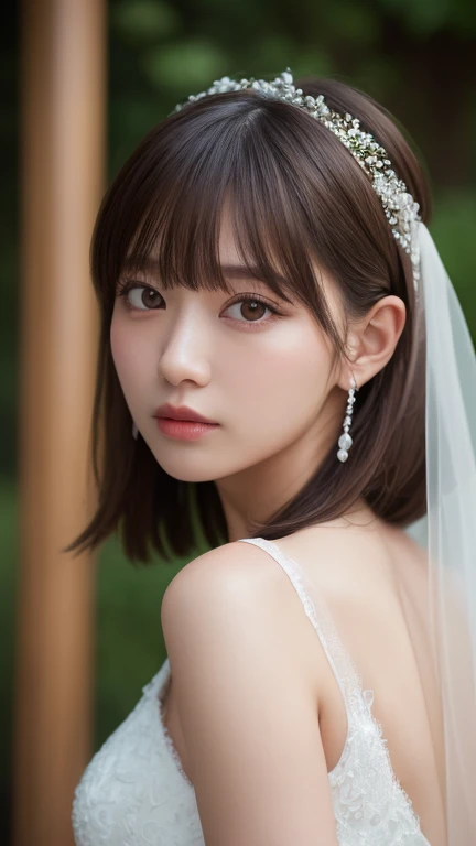 Highly detailed CG Unity 8k wallpaper, top quality, super detailed, masterpiece, realistic, photorealistic, very detailed cute girl, (25 years old), blush, round eyes, (bob cut), semi-body shot, white wedding dress, waving at viewer