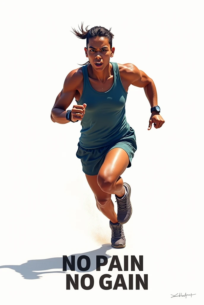 Illustration of a female athlete jogging, smiling, with brown hair tied back in a ponytail, wearing athletic clothes."