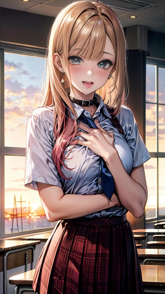 ((Best quality, 8k, masterpiece: 1.3, 1 woman, Beautiful girl)), cute, dynamic, Detailed face, Detailed skin, detailed clothing, Detailed eyes, Detailed information술, Detailed Tongue, Detailed fingers, Detailed information, Realistic, RAW photos, High resolution, Natural lighting, Dynamic pose, Perfect anatomy, Bridge up, double eyelids, tear sac, round eyes, moist lips, laborious, ((Kitagawa Marin, Marine Kitagawa)) Blonde and pink hair, Metal collar, ear piercing, earring, Long hair, piercing, Red pupil, straight hair, Swept-back bangs, Gradient hair, school , white shirt, tie, Plaid pleated skirt, ecstatic face, Ahegao, Drooling, Looking at the viewers, (, Herself clutching her chest), In the classroom with sunset