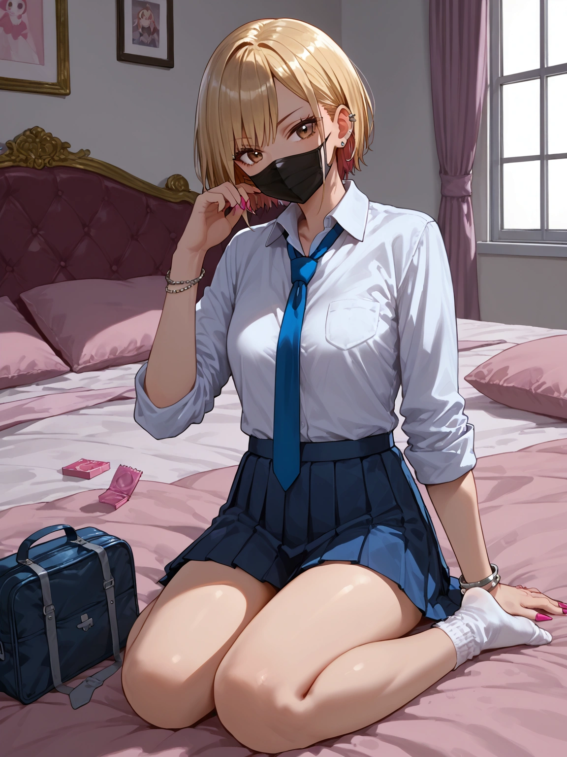 score_9, score_8_up, score_7_up, sorce_anime, 1girl, solo, gyaru, blonde hair, very short hair, brown eyes, mouth mask, black mask, nail polosh, sharp fingernails, single pierced earring, silver bracelet, white shirt, collared shirt, sleeves rolled up, blue necktie, loose necktie, pleated skirt, micro skirt, white socks, love hotel, sitting on bed, pink bed sheet, pink pillow, condom box, smartphone, school bag