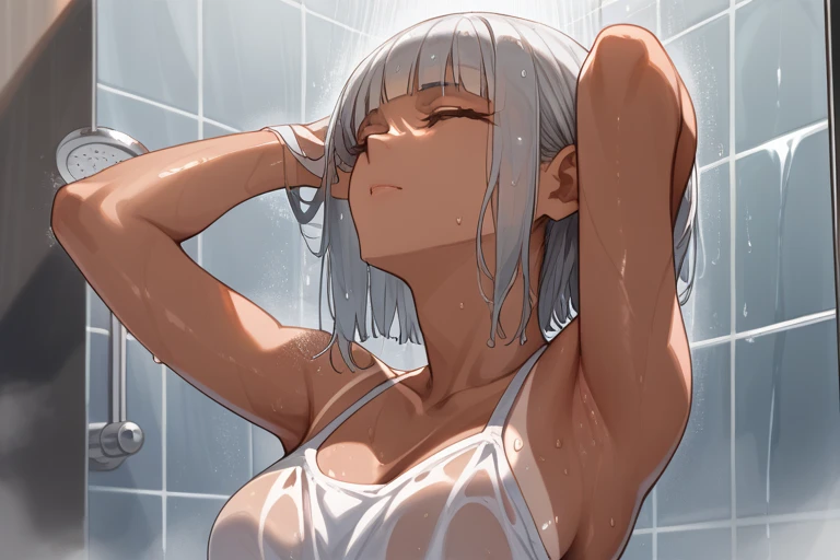 score_9, score_8_up, score_7_up, score_6_up, arms up, closed eyes, armpits, shower, wet skin, wet hair, water droplets, fog, mist, steam, head back, hime cut, medium hair, green eyes(detailed), shower room, brown skin, tan lines, silver hair