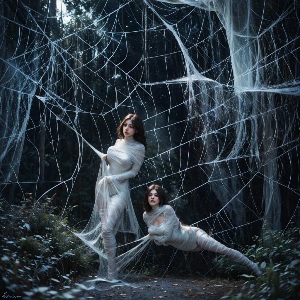 a girl entangled in the spider web,aesthetic,highly detailed,lush garden,romantic atmosphere,realistic textures,beautifully lit,emotional connection,soft and tender,gentle touch,affectionate,subtle color palette,two girls with flowing hair,expressive eyes and lips,loving embrace,endearing charm,vivid and delicate,portraits,implied sensuality,translucent bunnysuit, (cocoon:1.0), spider web