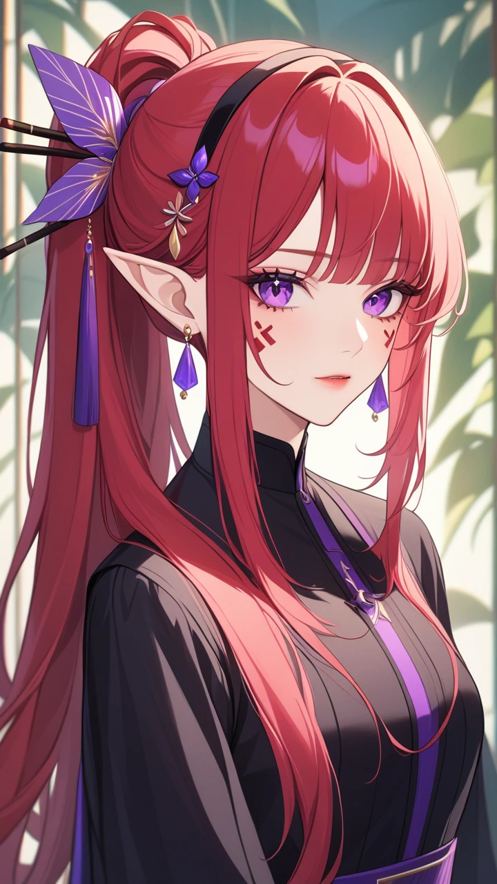 Adult woman, Long fiery red hair with purple ends, purple colored eyes, deer antlers, Herbalist's robe, Masterpiece, hig quality