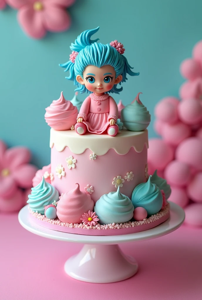 A girl, light blue hair, Happy Birthday, cake, custody, pink and light blue background