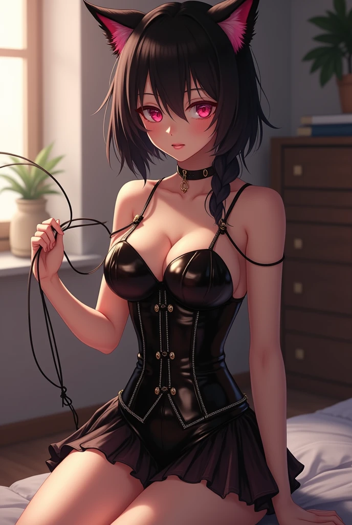 (crisscross bikini crop top, miniskirt, thigh high pantihose ),gorgeous, masterpiece, best quality, high-resolution, finely detailed, extremely detailed and beautiful, distinct-image, 1 girl, 16 year old teenager, solo, sharp facial features, oval shaped face. cherry pink lips, lightly tanned white skin. velvet-colored eyes, C-cup breasts, tall height(175cm), slim yet chiseled body type, short shoulder length dark violet-black hair, small narrow waist, long and slender legs, curvy wide hips, elegant Gothic training courtyard setting