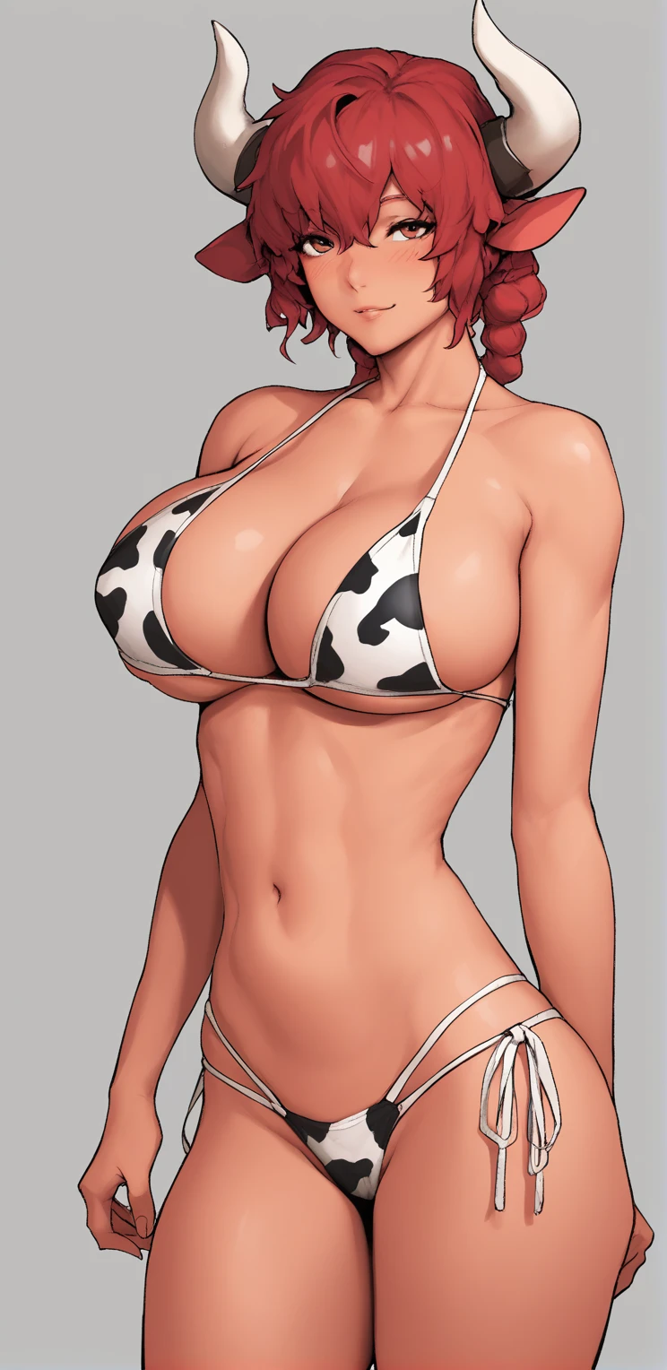 anime girl with red hair and horns in a cow print swimsuit, Oppai, seductive anime girl, Biomechanical Oppai, oppai proportions, thick, , [ Arte Digital 4K ]!!, with big breasts, realistic bikini, Ecchi, big breasts!, (sfw) safe for work, a hyperrealistic schoolgirl