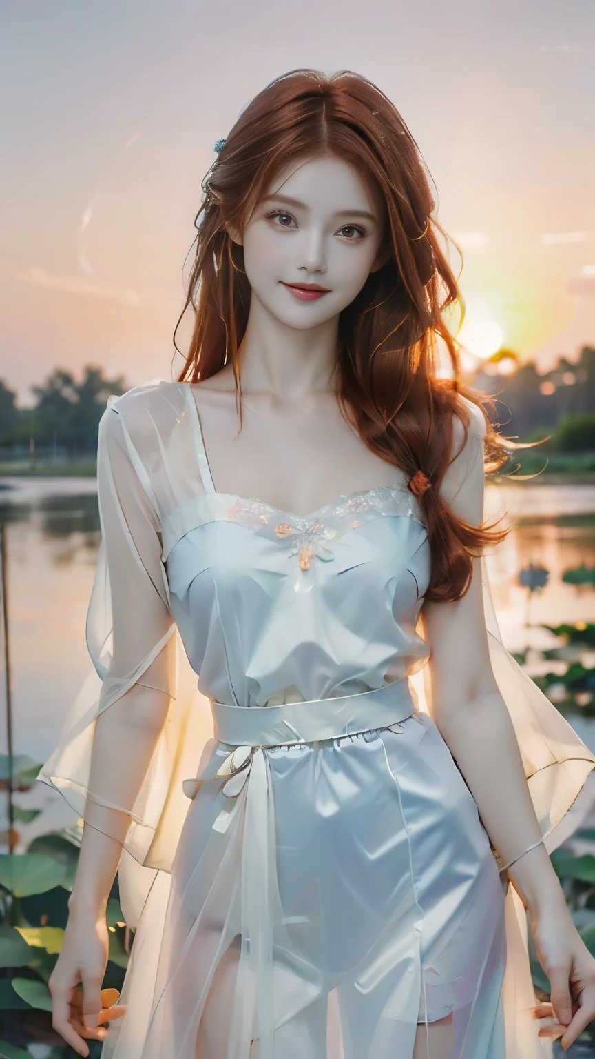 （masterpiece），Very beautiful girl，20 years old，(Smile),((Redhead hair))，(((Magic effect painting)))，Bright eyes，Thin lips，Fair and translucent skin，Healthy body（Large Breasts：1.2）,（Ultra-delicate），Colorful fairy costumes(Transparent clothes with gradient)，((Colorful sunset background)) 