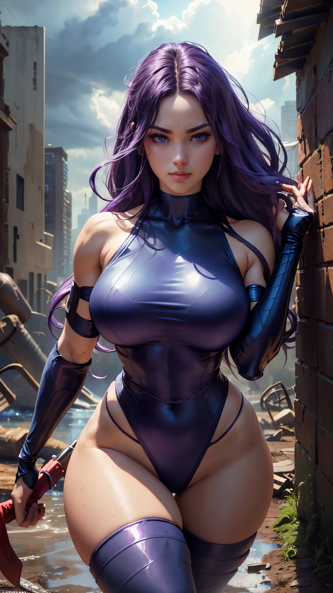 Psylocke da Marvel,(best qualityer,4K,8k,high resolution,work of art:1.2)(weather: cloudy), new york background, city ruins, wide hips, long curly hair, purple hair, sleeveless leotard, arm long fingerless gloves, red belt, thigh high boots, light makeup, heroic pose, ultra detailed,portrait,realistic,beautiful detailed blue eyes, beautiful detailed lips,extremely detailed eye and face, long eyelashes,average, large breasts,flying hair,beaming smile, sexy smile,powerful girl in combat, bright coloured, dramatic lighting, muddy body, smoke,