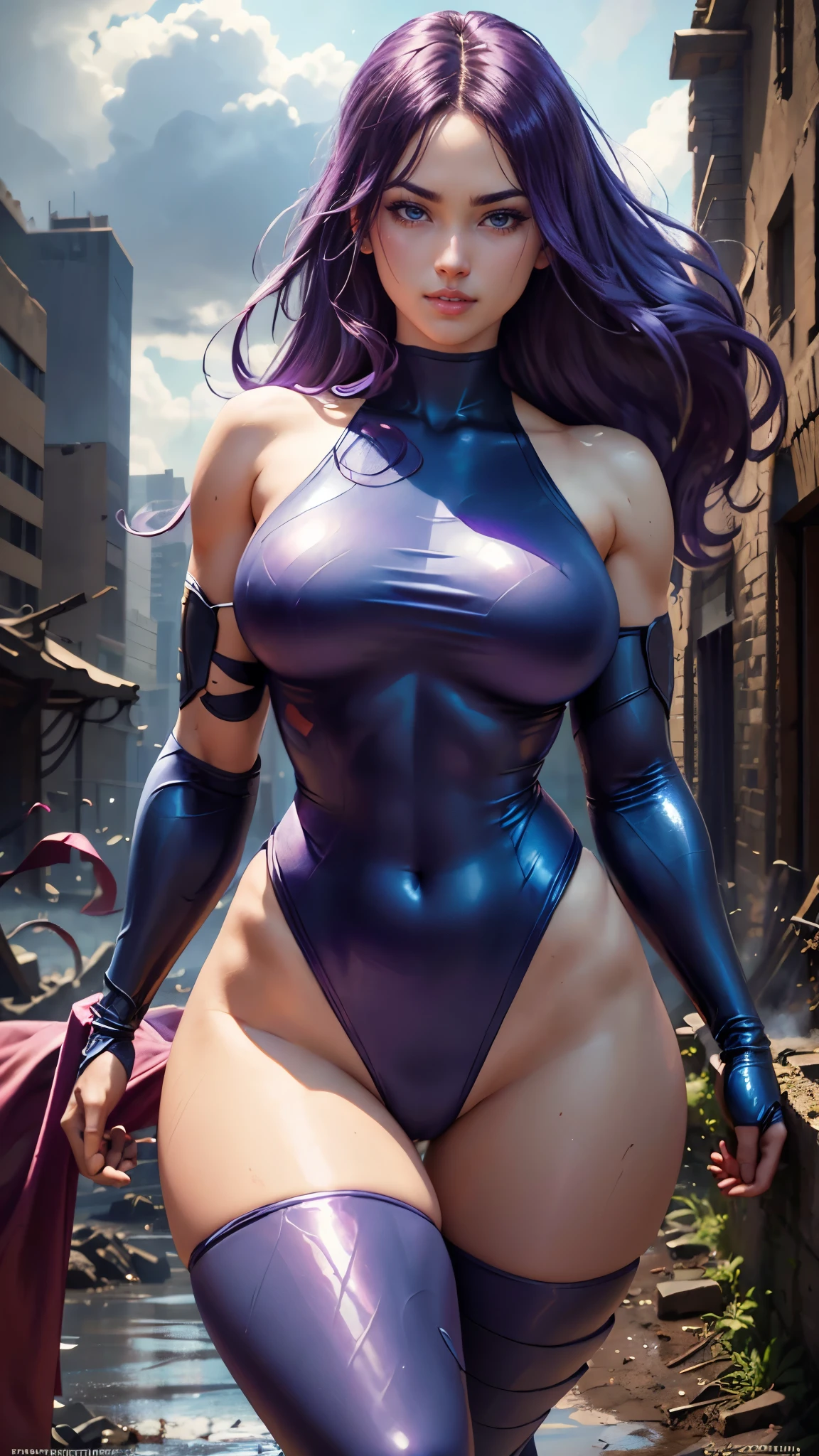 Psylocke da Marvel,(best qualityer,4K,8k,high resolution,work of art:1.2)(weather: cloudy), new york background, city ruins, wide hips, long curly hair, purple hair, sleeveless leotard, arm long fingerless gloves, red belt, thigh high boots, light makeup, heroic pose, ultra detailed,portrait,realistic,beautiful detailed blue eyes, beautiful detailed lips,extremely detailed eye and face, long eyelashes,average, large breasts,flying hair,beaming smile, sexy smile,powerful girl in combat, bright coloured, dramatic lighting, muddy body, smoke,