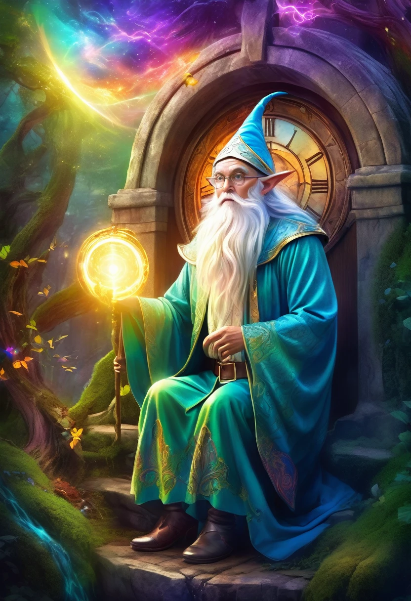 a medium quality digital painting of [Father time], a breathtaking elf, the fear, Marvellous, fantasy art, magical, mystical creature, ancient, surreal, detailed, vibrant colors, ethereal, whimsical, dynamic composition, glowing effects, mysterious, front view, full body portrait, epic scene, 4k resolution