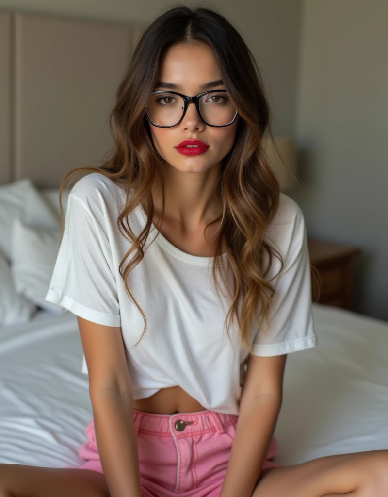 8K, Masterpiece, highly detailed, intricate detailed, ultra sharp focus, blured background,
A hyper realistic of a beautiful Indonesian girl that has slim muscular body, long legs, light brown long wavy hair, wide thigh gap, sexy red moist lips,
She's wearing white lace slim bra and red tartan miniskirt, lied down on white sheet, arm up, above view, windows lighting, cinematic color tone, soft front lighting, bright skin, detailed skin texture, black round glasses, (her expression is one of intense pleasure,as if she is on the verge of an orgasm:1.3)