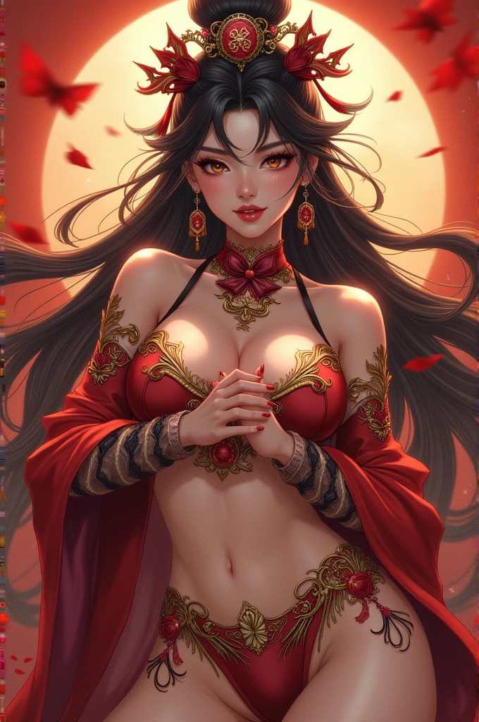 princess azula, evening, sunset, looking at viewer, cleavage, red satin robes, clothed bathing, girl floating above the water, palace, temple, fire, lava, red glowing, smug face (NSFW 1.3),detailed eyes, detailed hands, detailed face, drops of water, drops, full body