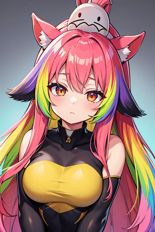 woman in dog ears, rainbow hair, sweating, full body view, dog collar, peace, sign, tongue out, rainbow living room, sitting, looking up,