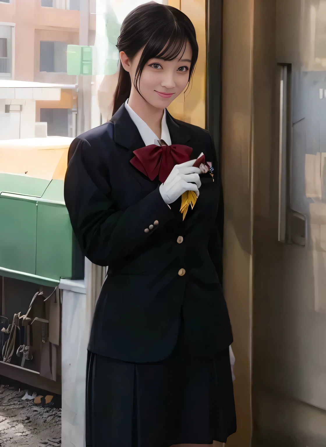 (masterpiece:1.2, Best Quality:1.2), 32K HDR, High resolution, (Alone、1 girl)、（On the roof of a building during the day、Professional Lighting）、Building rooftop background、（JR woman train crew Uniform blackを着たリアルスタイル）、（（JR woman train crew uniform black white blouse short sleeve 、Black knee-length wrap culottes skirt、Black jacket、scarf））、Dark brown hair、（Long Hair、Hair tied up、Hair tied up）、Dark brown hair、Long Shot、Big Breasts、Thin legs、（（Great hands：2.0）），（（Harmonious body proportions：1.5）），（（Normal limbs：2.0）），（（Normal finger：2.0）），（（Delicate eyes：2.0）），（（Normal eyes：2.0））)、smile、（JR woman train crew uniform black knee-length wrap culottes skirt beautiful standing figure）、Hands down