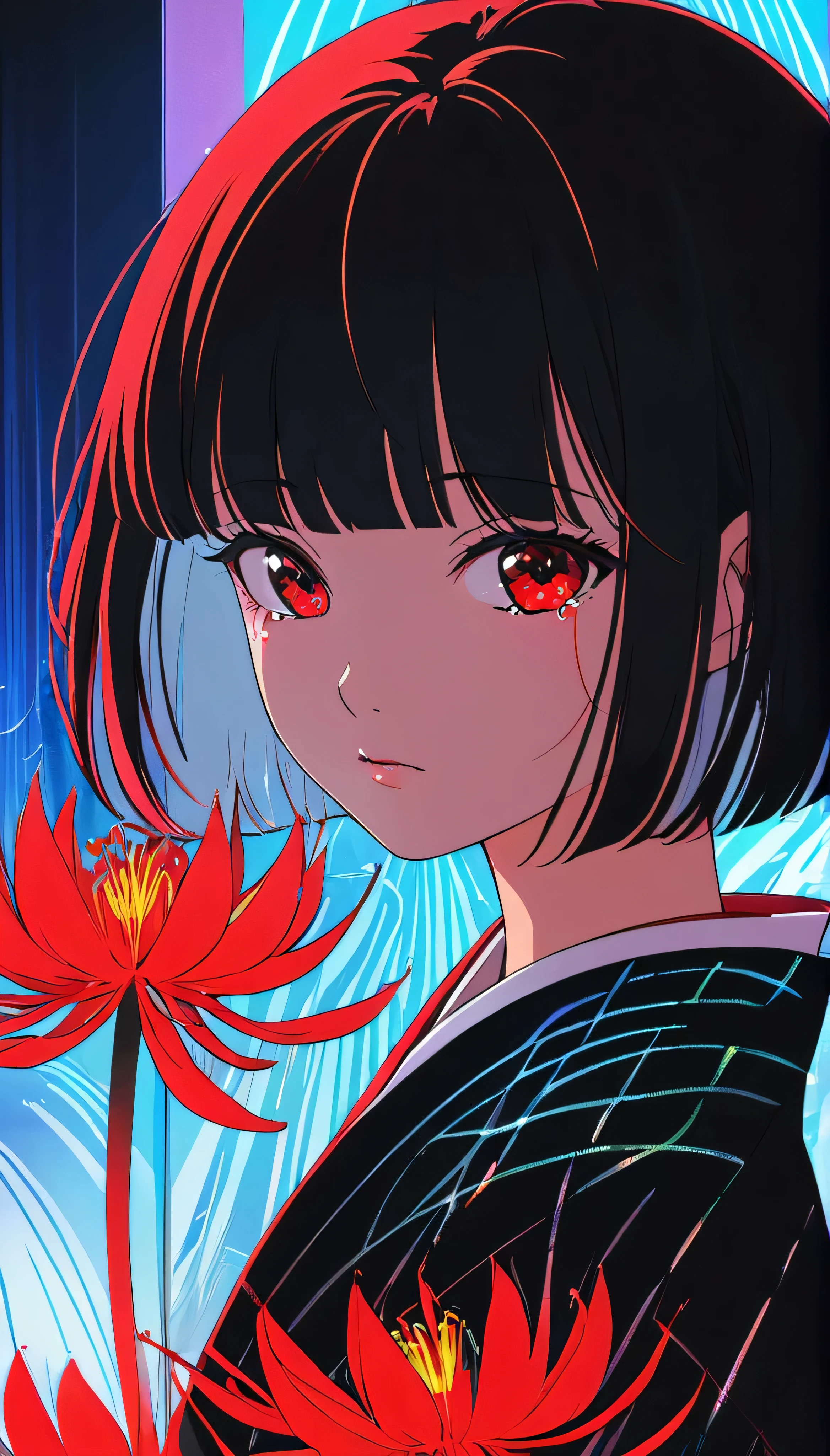 Black painted canvas, Simple Art, Red spider lily flowers painted with neon lights, Sharp contours, Double exposure, Transparent lotus flower reflection inside the outline, Holographic Coating, The effects of red spider lilies, tears, Girl、Bobcut、Bangs、kimono、Girlのシルエット