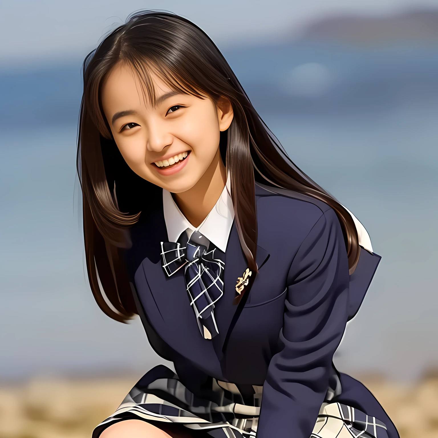 (Highest quality, masterpiece:1.2), Highest quality, High resolution, 1080P, 8k, (A noble, graceful and intelligent 14yo Japanese young long hair lady who have a best proportion are seated smiling at me with extreme beatitude, expressing her happiness to me with her love supreme: 1.5), (background is complete black: 1.0), (double-eyelids, completely balanced, brown wet large eyes with detailed beautifully: 1.6), (Drives me crazy for her navy-colored neat tartan checkered blue skirts and make me fall into her navy-colored tartan checkered skirt: 1.8), (Everyone says she is the most beautiful 14yo girl in Japan: 2.2), (Fine white skin that looks like she has never been out of home: 1.5), (Navy colored school blazer, Navy blue pleated school tartan checkered skirt: 1.0), Very soft and adorable cheeks, (Plain blue school ribbon on the breast), (Sky-blue background), (Girl whom everyone loves because of her beauty and lovely fashion and noble manner and magic-charm of succubus: 1.0), (Kanko school uniform model: 1.5)