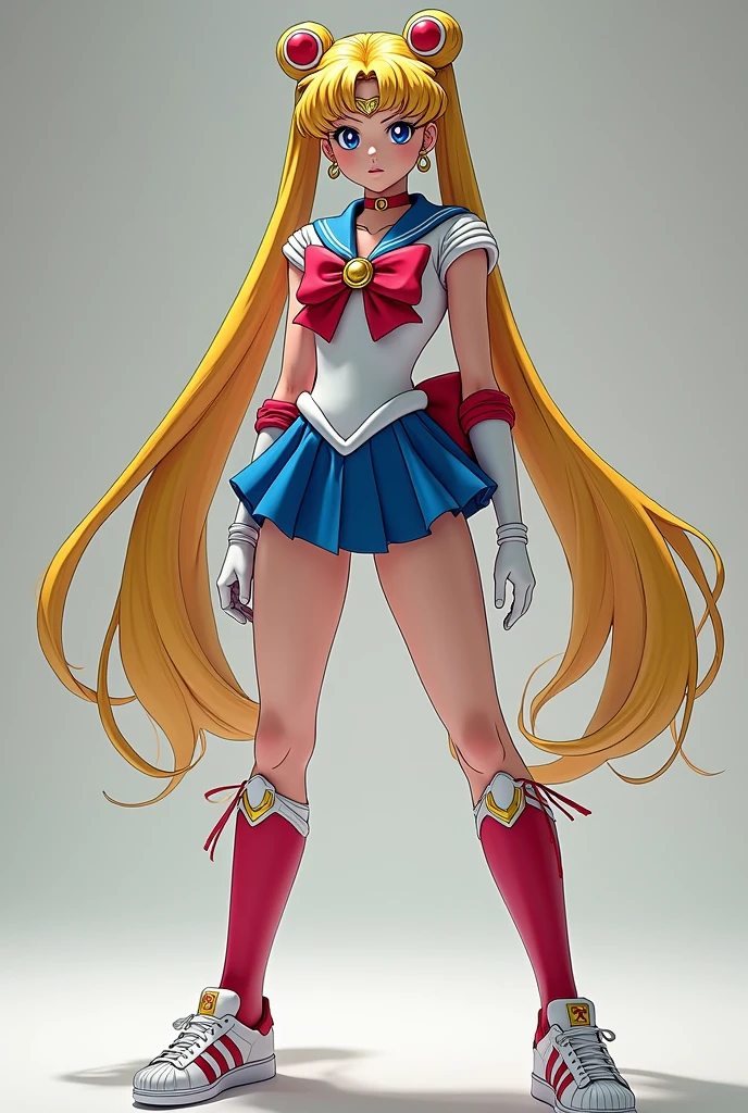 masterpiece, best quality, absurdres, perfect antomy, 1girl, solo, SMMoon, 1990s \(style\), blonde sailor moon, standing, smile, cowboy shot, sailor senshi uniform, sailor collar, blue skirt, elbow gloves, in back pose, show her booty, backwards, no thong big booty, ultra mini skirt ( BACK POSE, BACKWARD, SHOW HER BOOTY)
