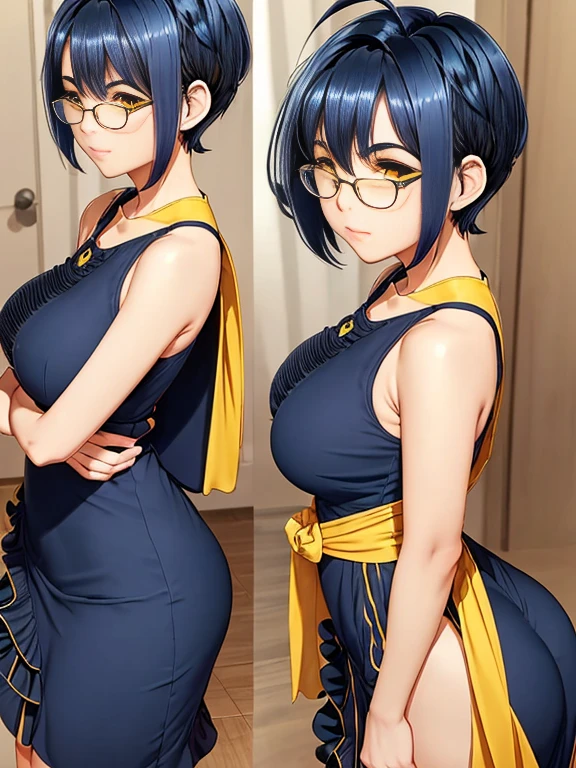 very young slim fit girl, full height, rounded face, (disheveled dark blue hair:1.5), (very short hair:1.4),(big yellow eyes:1.5), shy smile, perfect medium breast, look at you, (ahoge:1.4), (megane:1.3), elegant tight dress, very long dress with slit, tight dress, sexy dress, very long fit leg, narrow hips, hold hands behind back, pouting