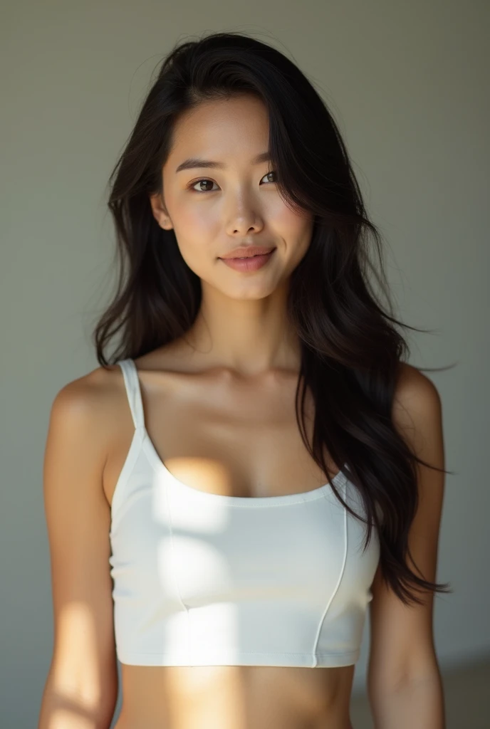 very Hyperrealistic foto from one t-shirt nude showing tits big tits one clodes, his breast is average like c coup full body image
A young woman with an oval face and a softly defined jawline. Her skin is light and smooth, with a natural blush on her cheeks. She has straight, dark brown hair that falls evenly on both sides, parting in the middle, reaching just to her shoulders. Her forehead is slightly larger than average, framed neatly by her hair. She has straight eyebrows that are moderately thick and have a subtle arch, perfectly aligning with the shape of her eyes. Her eyes are medium-sized and almond-shaped, with a slight downward tilt at the outer corners, giving her a calm and serene expression. The color of her eyes is light, possibly blue or green, contributing to her relaxed and soft look. Her nose is straight, proportionate to her face, with a smooth bridge and a gently rounded tip. Her lips are medium in thickness, with a slightly thinner upper lip and a fuller lower lip, forming a small, friendly smile. The upper lip has a softly defined Cupid’s bow. The overall expression on her face is content and welcoming, with her features harmoniously balanced. She has a medium-length neck that complements her facial proportions.