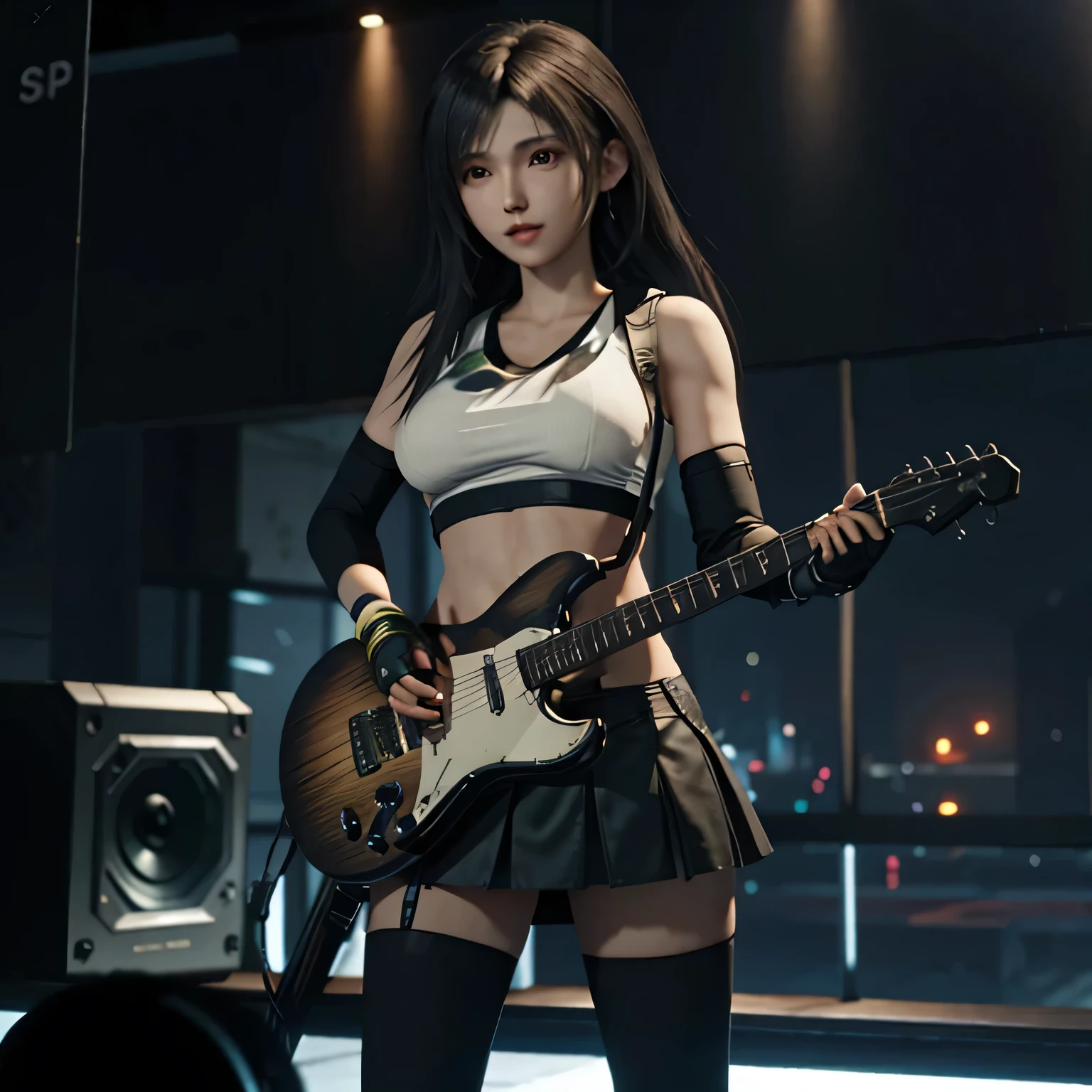 (Realisttic:1.2), analog photo style, (cute Tifa Lockhart, playing guitar), detailed face and eyes, best quality textures, punk style, leather skirt, tattoo on left shoulder, headphones, cinematic lighting, cgi, colored bob hair, perfect anatomy, in concert, hairshakes, great dinamic photo, great quality, Masterpiece, intricate steam body, rock'n'roll aesthetic, 16k quality, analog photo style, RAW photo