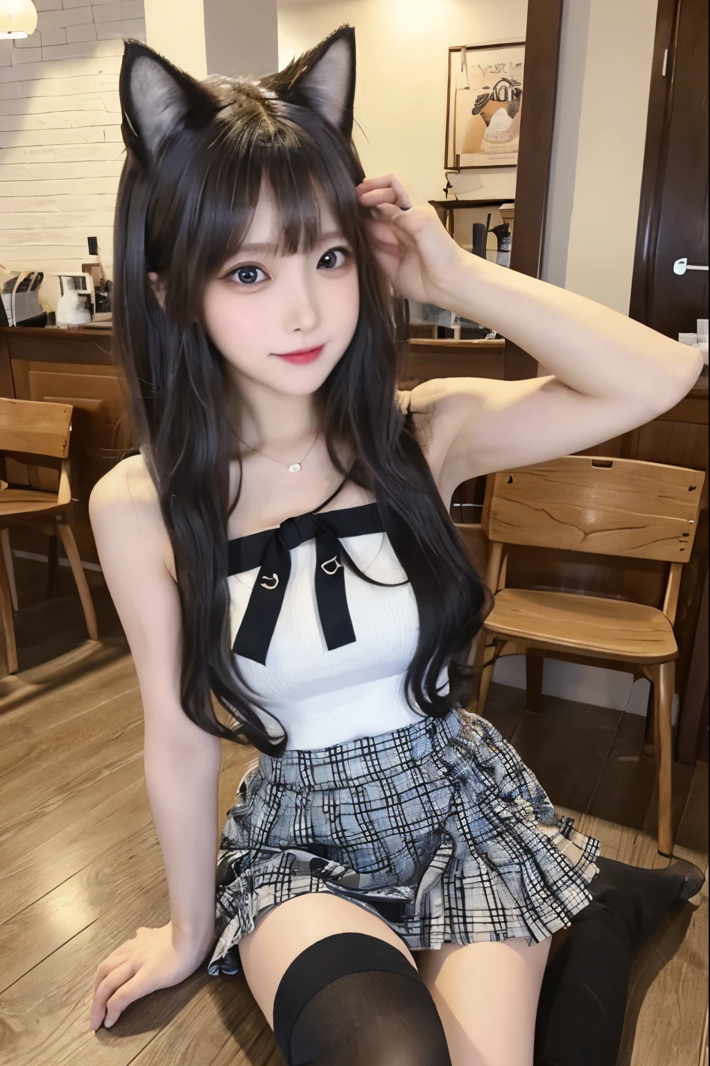 8k、Super Detail、Best Quality、Ultra-high resolution、((whole body画像))、 ((Adorable and cute))、((Perfect white skin texture))、Big eyes,Double,20 years old,female,Long Hair,
skinny body:2,,(small breasts:3,)delicate limbs like a model,very thin body:2,Small face,whole body,cat:3,可愛いcat:3,cat喫茶店:3 、Minuet,瞳が綺麗なMinuet,Coffee Shop,Checkered red skirt,Sleeveless shirt black,Ribbon on neck,catが3匹,Big eyes可愛いcat,小さなcat,cat,cats,cat cafe:3
瞳はcatを見てる,smile、Cute mini skirt,Black knee-highs,Her long, beautiful hair is swaying in the wind,