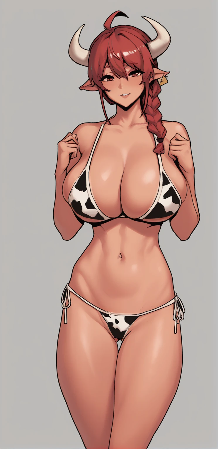 anime girl with red hair and horns in a cow print swimsuit, Oppai, seductive anime girl, Biomechanical Oppai, oppai proportions, thick, , [ Arte Digital 4K ]!!, with big breasts, realistic bikini, Ecchi, big breasts!, (sfw) safe for work, a hyperrealistic schoolgirl