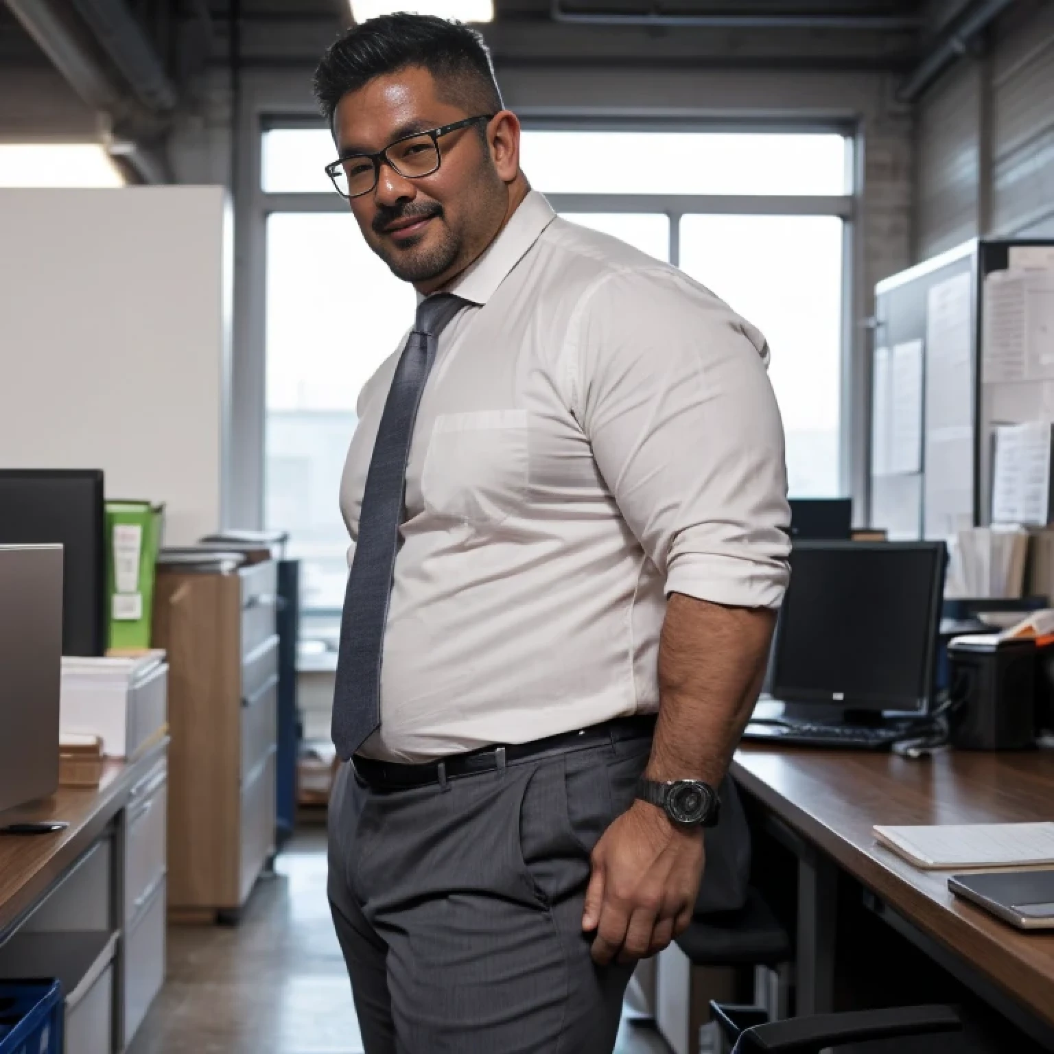 A little chubby asian male is 40 years old, daddy,  A man in a business white shirt is standing, 1man, solo, grey pants, medium geeky hair, natural nerdy hair,  round face:2, thick thighs, detailed mouth, In the office at night, a coffee break, Super detail, Anatomically correct, this image was taken with a medium telephoto lens, dark warehouse at night, smirking, He opens his mouth a little, orgasm face, erotic humiliation, glasses, fine hand, 