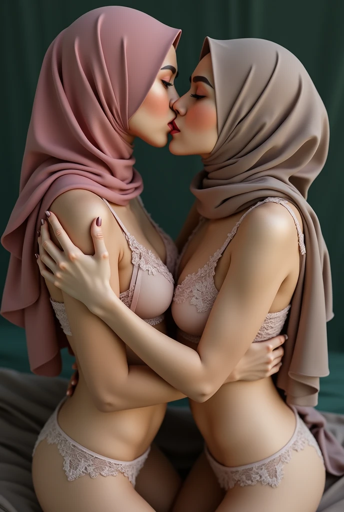 Naked Young malay women wearing hijab, leg spread while holding leg, woman facing camera, wet body, tired face, on bed, men hug woman from behind hand on vagina, man lick woman shoulder