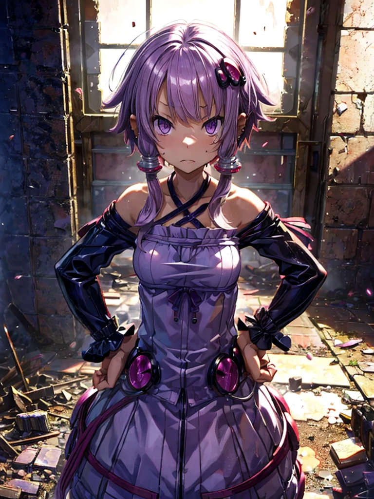 Detailed, Bright interior, one girl, yuzuki yukari, gloss, sweaty, saliva, relax, First-person view, Newly built apartment, In the ruins, Stand, Ear piercing, Seductive pose, , Clothes that show your body lines, Hands on hips,