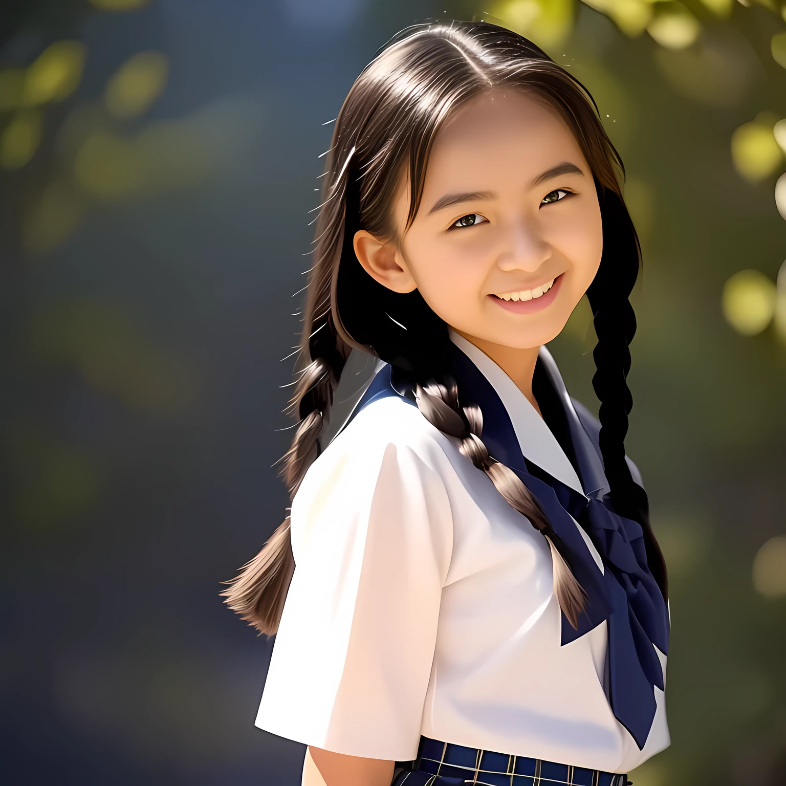 (Highest quality, masterpiece:1.2), Highest quality, High resolution, 1080P, 8k, (A noble, graceful and intelligent 14yo Japanese a-pair-of-long-braids girl is smiling at me with extreme beatitude, expressing her happiness to me with her love supreme, advertising school uniform: 1.5), (background is complete black: 1.0), (double-eyelids, completely balanced, brown wet large eyes with detailed beautifully: 1.6), (Drives me crazy for her navy-colored neat tartan checkered blue skirts and make me fall into her navy-colored tartan checkered skirt: 1.8), (Everyone says she is the most beautiful 14yo girl in Japan: 2.2), (Fine white skin that looks like she has never been out of home: 1.6), (Navy colored school blazer, Navy blue pleated school tartan checkered skirt: 1.0), (Plain blue school ribbon on the breast), (Sky-blue background), (Girl whom everyone loves because of her beauty and lovely fashion and noble manner and magic-charm of succubus: 1.0), (Kanko school uniform model: 1.5)