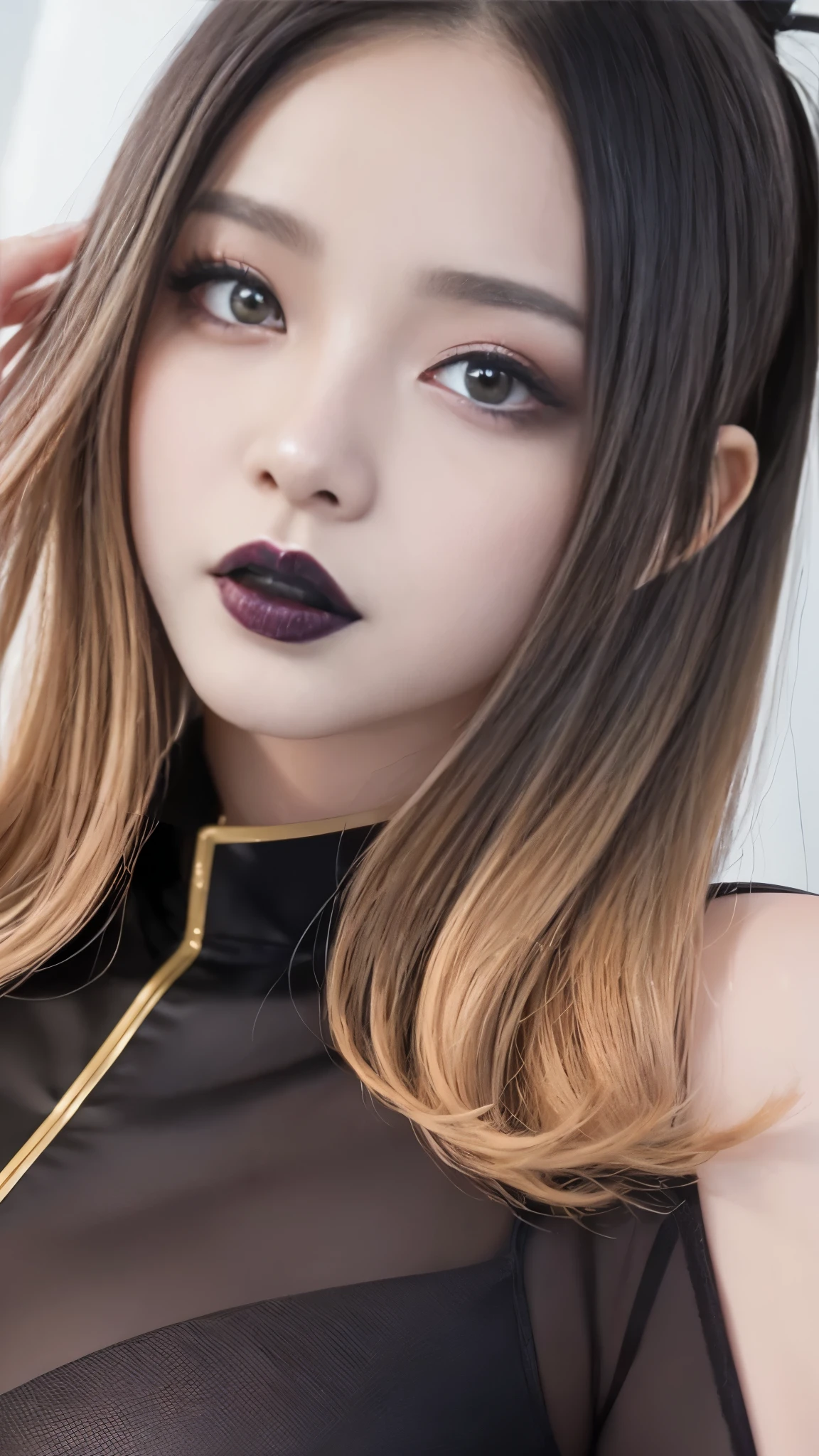 (masterpiece, Best Quality, Ultra HD, Ultra-high resolution、Official Art, beautifully、RAW Photos、aesthetic:1.2), Very detailed,colorful,Most detailed,night、深night、Degrees of Freedom:1.8、8k、Anatomically correct , (Shiny skin), (Many colors:1.4), beautiful、Japanese、Ancient、Wearing a blue onmyoji costume that covers the whole body、Small waist:1.3、Realistic textured face and skin、(Perfect Anatomy)、beautiful、Detailed eyes、Rainbow Hair、realism、Realistic、Photorealistic、Original photo、超A high resolution 、SLR、Octane Rendering、Absurd、Unrealistic、Surreal、Long sleeve、Dynamic、Effect、thrilling、thunderstorm、call、magic、(((Black lip:1.2、Black lipstick:1.2、Black Lips:1.2)))、(The mouth is closed)、Pale face and skin、Fall into Darkness、Darkness、zombie、Fantasy、Expressionless、CGSoation Trend、((Ultra-realistic face details))、Portrait、Sharp、Detailed LED background、Thick lips、Thick lips、