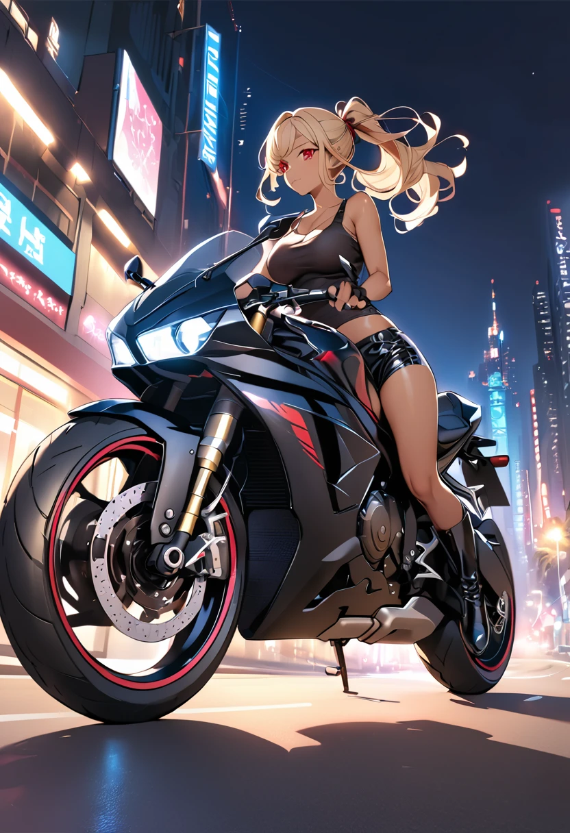 (Best Quality、Beautiful, detailed images、Official Images)、(Late night highway)、(Golden long hair、Red eyes、Ponytail Hair、Model body type、Large Breasts、Pointed Ears、Brown skin、Dark Skin)、(black leather long coat、Tank top shirt、Black leather trousers、Black fingerless gloves、Black rider boots)、(Large Motorcycle、On-road bike)、(Get on a bike、Grab the handle)