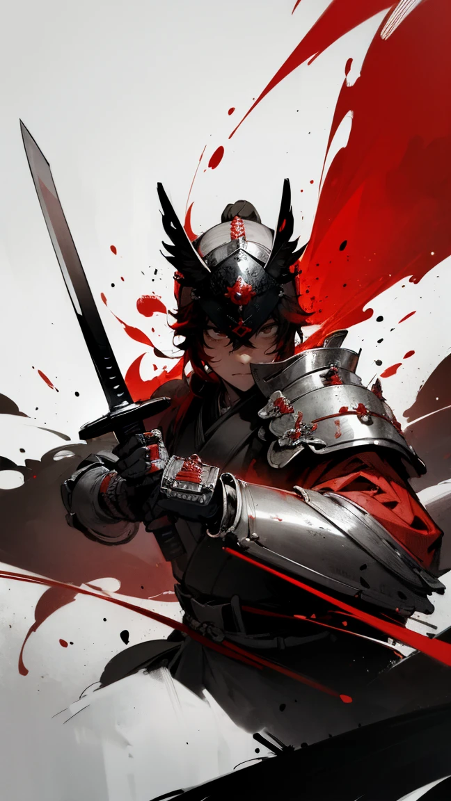 A dynamic ink painting of a samurai, Hold the sword, Red, Composed only of monochrome and red, Armor-clad.