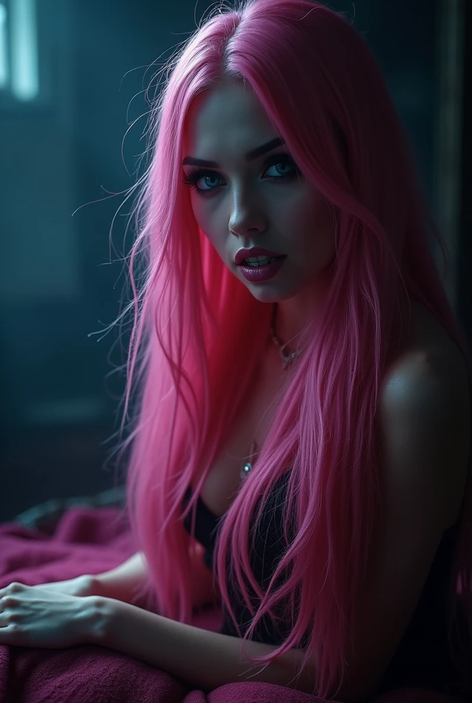 Girl with pink hair and nothing on taking a mirror selfie