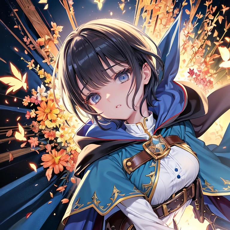 超High resolution, Attention to detail, high quality, High resolution, 最high quality, 4K, 8k, Awards, (Artwork)、sunny、cute、Black Hair、short、Hair accessories、Works that emphasize the sky and blue、Poster、(Fantasy World Costumes:1.2)、(Blue Cape:1.37)