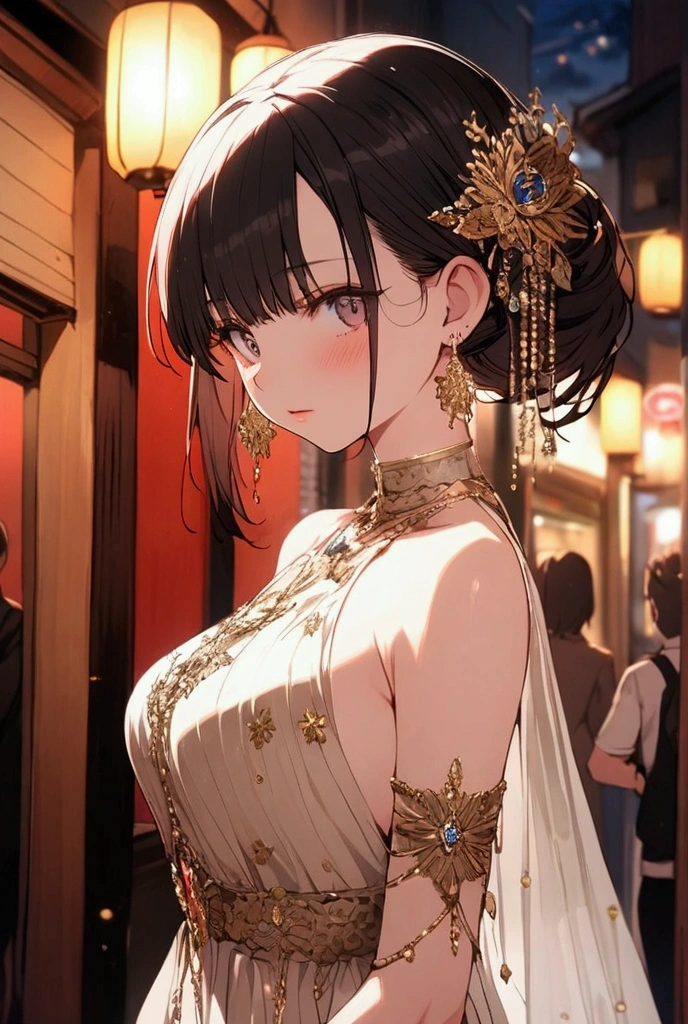 masterpiece, highest quality, state of miranda, (half body shot,street light,moon),masterpiece, 1 girl, Solo exhibition, beautiful woman on a busy street, surrounded by peddlers, beautiful goddess girl portrait, beautiful and detailed face, porcelain skin, (((bust shot, center, night, black hair, short hair)), super soft lighting, symmetry, complicated, grace, high detail, realism, art, concept art,