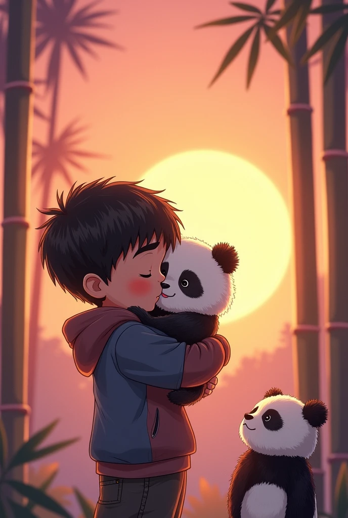 Leo comforts the baby panda**:
- The boy is holding the baby panda gently in his arms, close to his chest. The panda, now calmer, is snuggling against the boy, who is whispering softly to it. They are standing on a path in the forest, surrounded by tall bamboo stalks, with sunlight casting a warm glow on the scene.