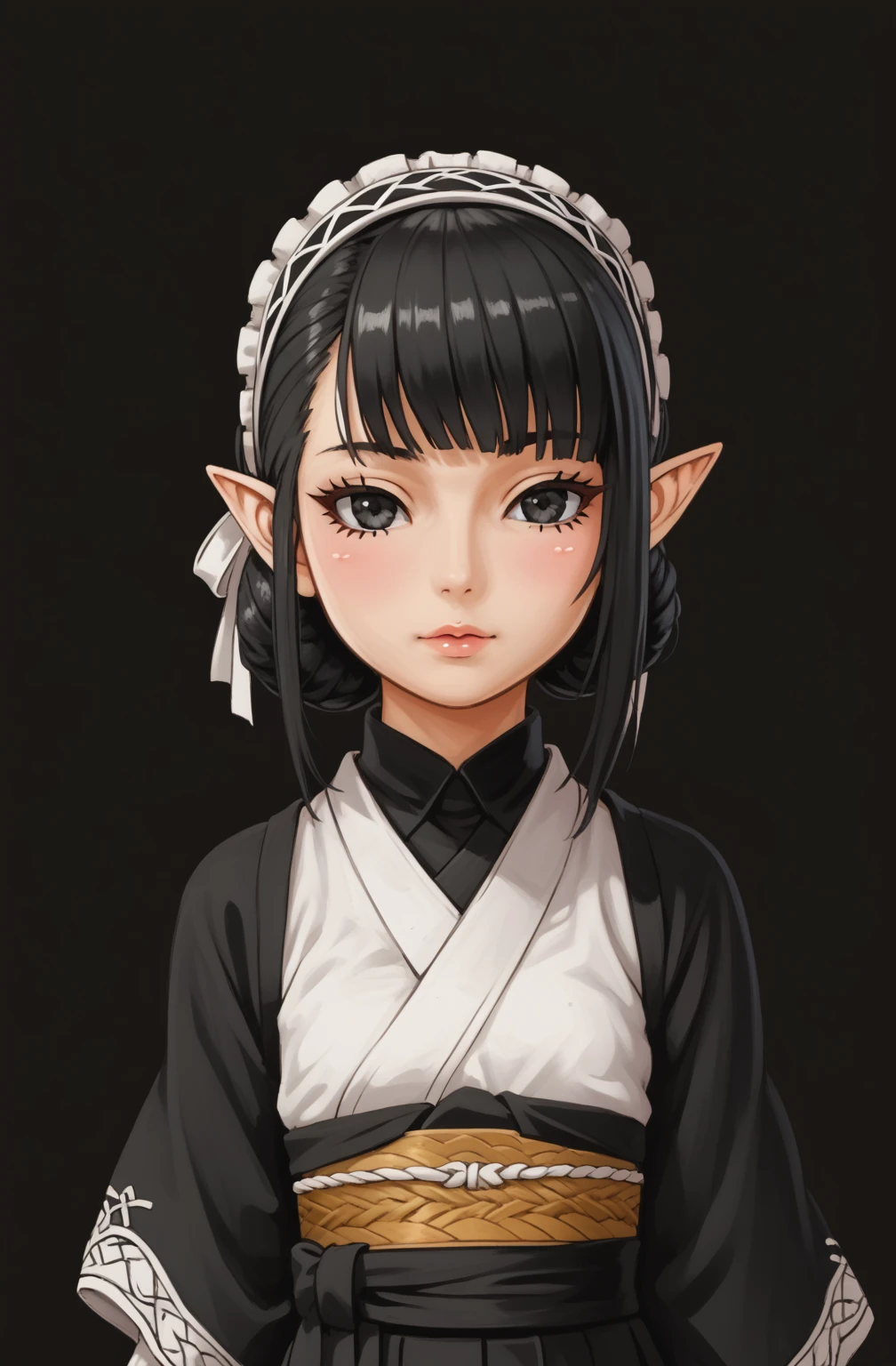 An anime character wearing short black and white hakamas, two ribbons {one at each side of her hairband}, white obi with black and white seigaiha pattern, girl with elf ears, a beautiful young girl with long black hair tied up in one single bun centered on top of her head, asymmetrical chopped bangs sideswept to the right, white hairband with ribbons on both sides of her head, a lock of hair falling in front of the right side of her face. Full shot of an anime character wearing short black and white hakamas, two ribbons {one at each side of her hairband}, white obi with black and white seigaiha pattern, create a digital illustration of full body of a female character with almond-shaped black eyes, elf ears, and round dots instead of eyebrows. For the hairstyle, she should have black hair styled into a single bun at the back of her head, complemented by asymmetrically chopped bangs that transition into a long lock on one side. Her outfit should match short hakama with detached sleeves and frills under the shorts and the sleeves, in a gothic style, featuring intricate white lace patterns, detailed cutouts, and a white obi with a black seigaiha black pattern. The upper part of the outfit should be a kimono blouse with detached sleeves. The outfit should include layered skirts and ribbon details to emphasize a similar aesthetic. Add a muted background that complements her striking attire and hairstyle. Artwork in the style of guweiz, digital art inspired by the style of Ilya Kuvshinov, 8k, high resolution, HDR, vivid colors, dramatic light detailed anime art, 8k, high resolution, dramatic lighting, artwork in the style of guweiz, detailed portrait of anime girl, beautiful anime portrait, anime realism style, anime style portrait, anime style 4 k, realistic anime art style, digital art ilya kuvshinov, realistic anime artstyle, ilya kuvshinov. Portrait anime girl, girl wearing black hakama with detached sleeves.