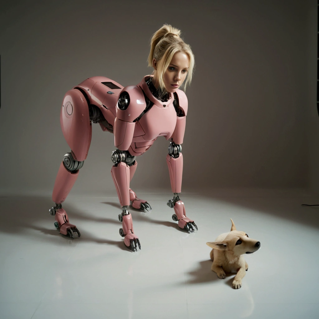 full body photo of a beautiful young woman from Germany <lora:Robotizer:1.65> frontally, sweet smile, working at the zoo, feeding the elephants, tack sharp